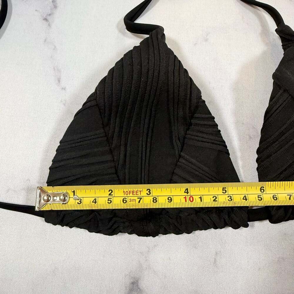 Black Ribbed Triangle String Bikini Two-Piece Cheeky Set Small - Picture 8 of 9